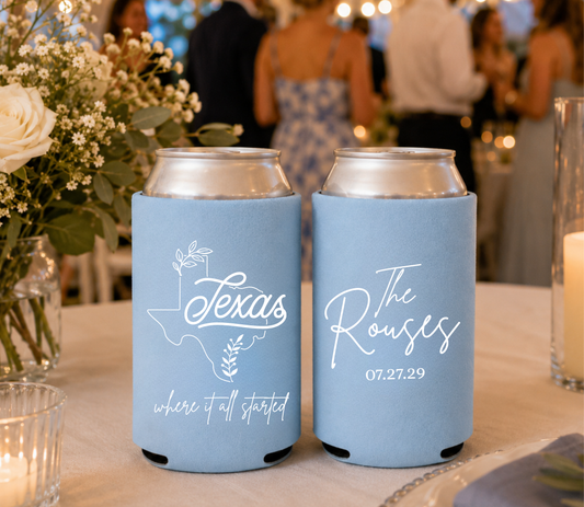 Custom Texas wedding can cooler with Texas state outline design.