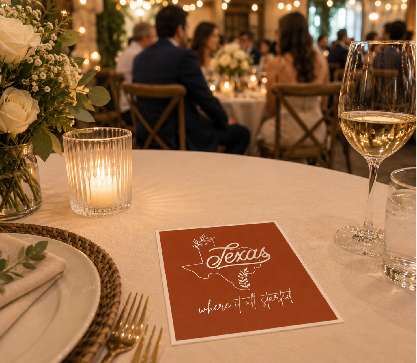 Personalized Texas wedding cocktail napkins featuring a Texas state outline.