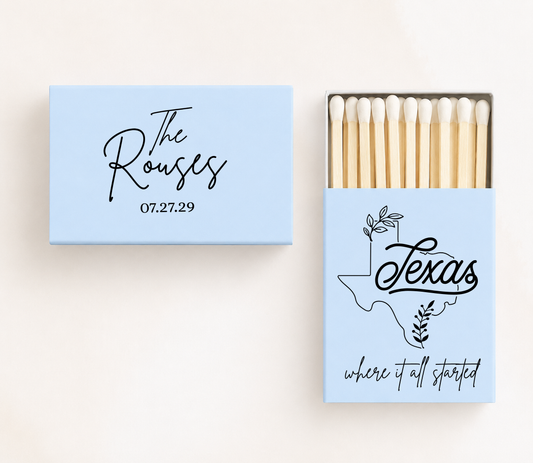 Personalized Texas wedding matchboxes featuring custom family name, wedding date, and Texas state outline with "Where It All Started" design.