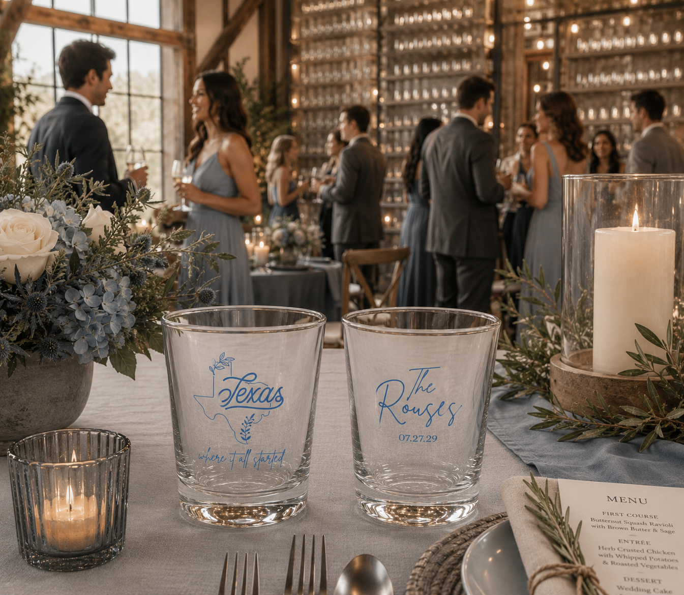 Personalized Texas wedding shot glasses with custom state outline artwork and family name design
