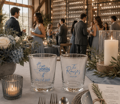 Personalized Texas wedding shot glasses with custom state outline artwork and family name design