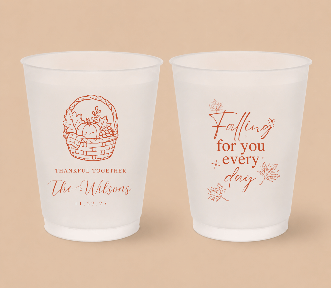 Personalized Thanksgiving wedding frosted cups with harvest basket and autumn leaf designs