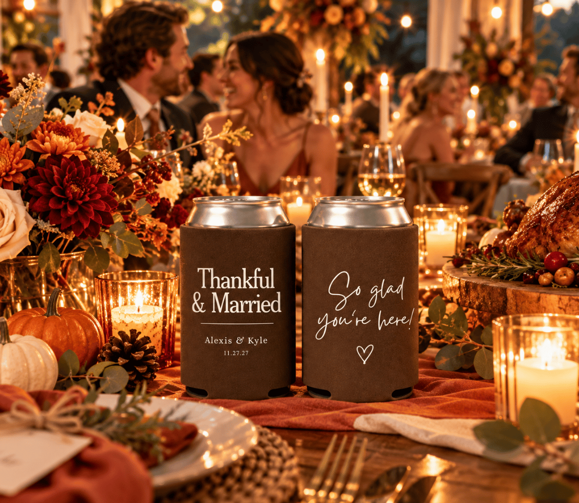 Thanksgiving wedding favor featuring “Thankful & Married” typography, personalized names, and wedding date.

Reusable personalized wedding can coolers featuring warm brown coloring, romantic typography, and Thanksgiving-inspired wedding details.