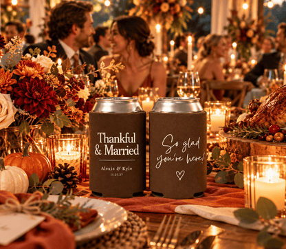 Thanksgiving wedding favor featuring “Thankful & Married” typography, personalized names, and wedding date.

Reusable personalized wedding can coolers featuring warm brown coloring, romantic typography, and Thanksgiving-inspired wedding details.