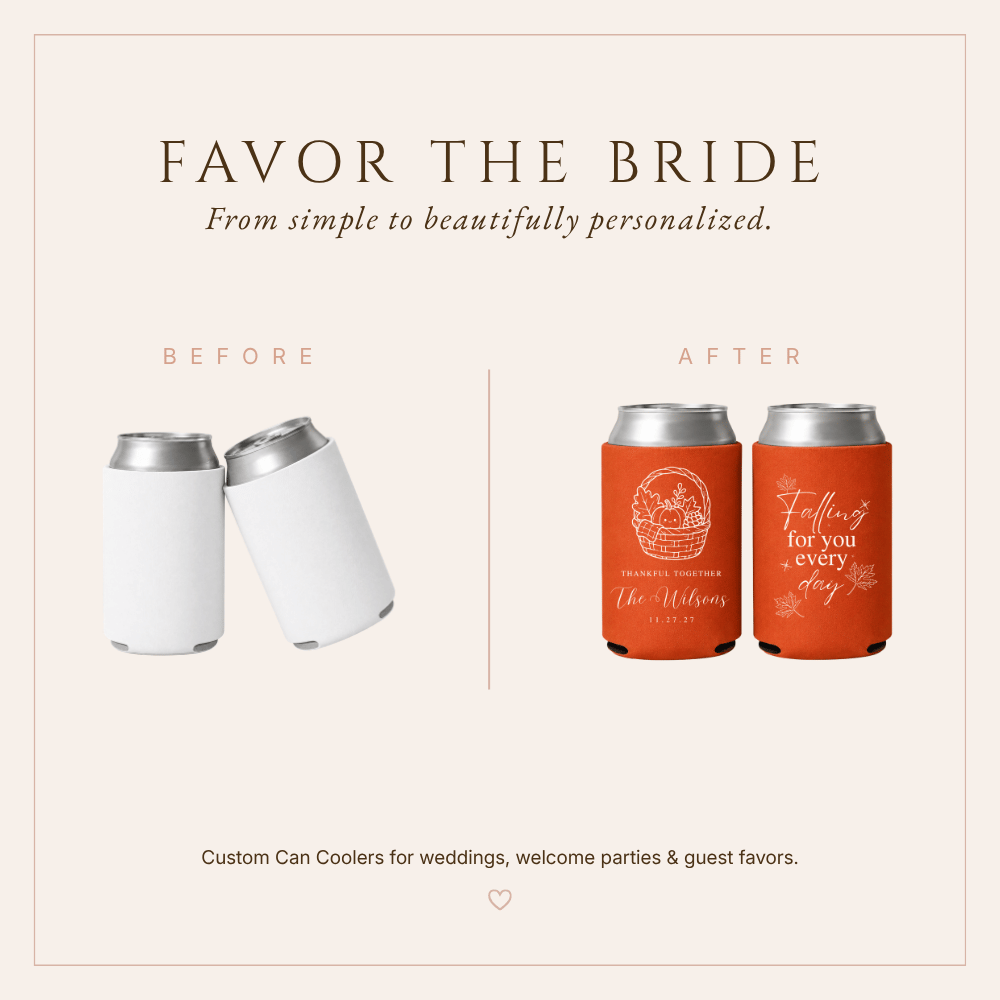 Reusable Thanksgiving wedding can coolers personalized with turkey artwork, custom wording, and wedding details.
