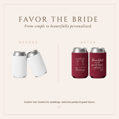 Reusable personalized wedding can coolers featuring romantic burgundy typography and Thanksgiving-inspired wedding details.