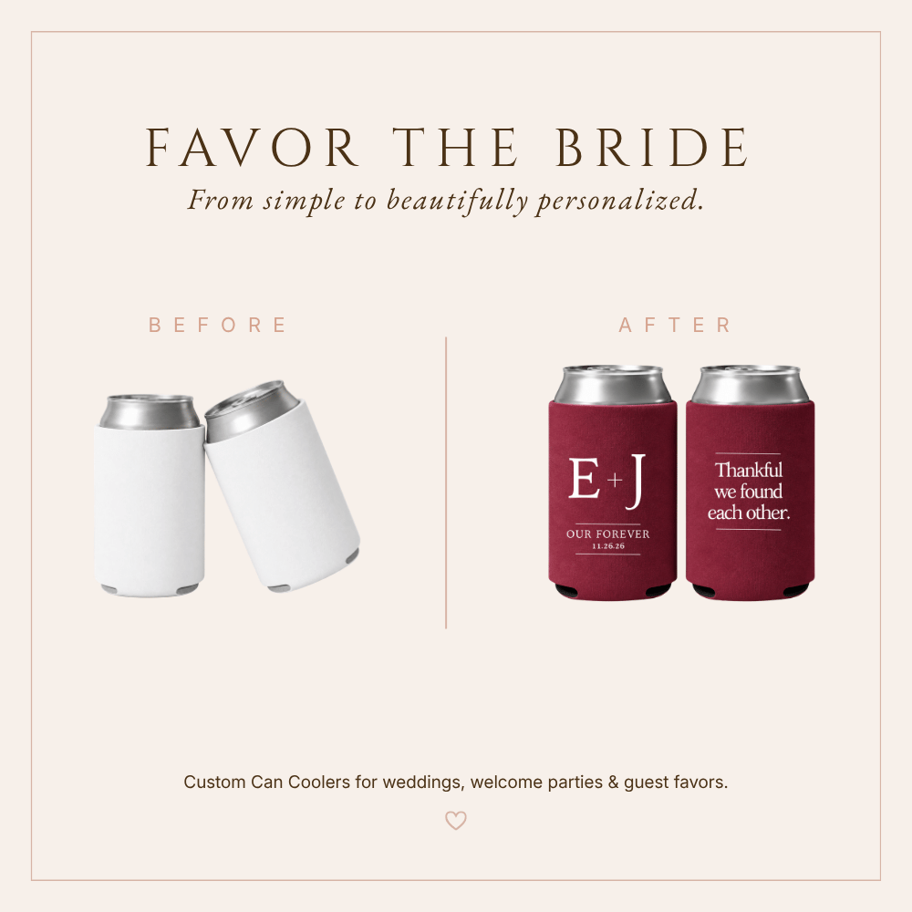 Reusable personalized wedding can coolers featuring romantic Thanksgiving-inspired typography and custom couple details.