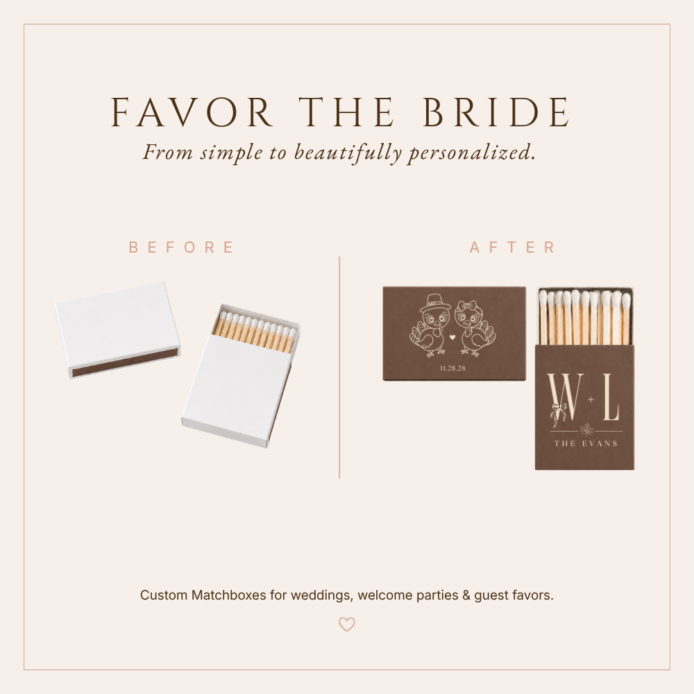 Personalized autumn wedding matchboxes with adorable turkey artwork, couple initials, surname, and wedding date.