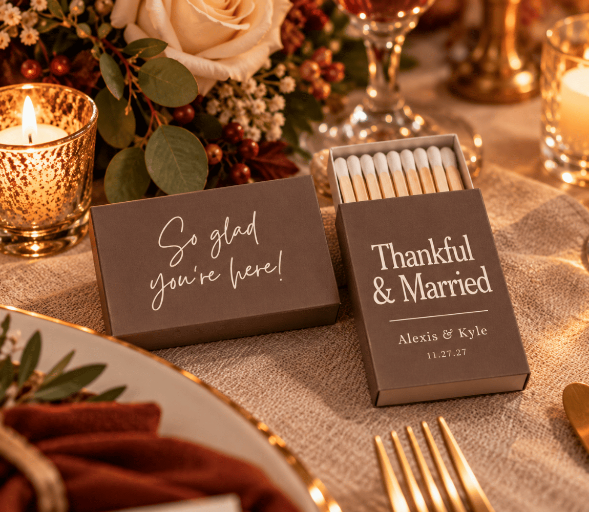 Personalized fall wedding matchboxes with elegant cream typography, custom names, and wedding date.