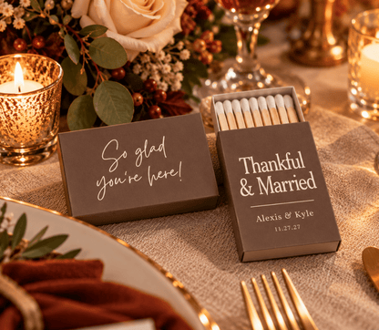 Personalized fall wedding matchboxes with elegant cream typography, custom names, and wedding date.