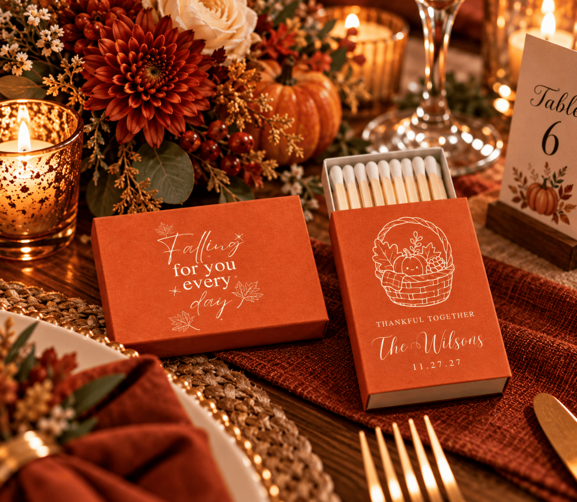 Personalized fall wedding matchboxes featuring pumpkins, autumn foliage, and a “Thankful Together” message.
