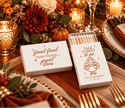 Personalized fall wedding matchboxes with “Talk Turkey to Me,” Thanksgiving turkey artwork, and custom wedding date.
