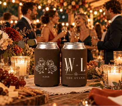 Custom turkey wedding can coolers in chocolate brown with personalized initials, family name, and wedding date.