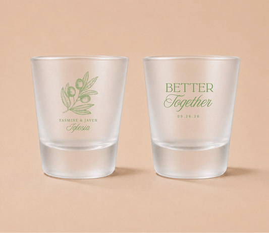 Personalized Better Together Olive wedding shot glasses featuring custom couple names, family name, wedding date, olive branch illustration, and romantic Better Together design.