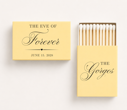Personalized "The Eve of Forever" wedding matchboxes featuring a custom family name and wedding date for rehearsal dinners and wedding weekend celebrations.