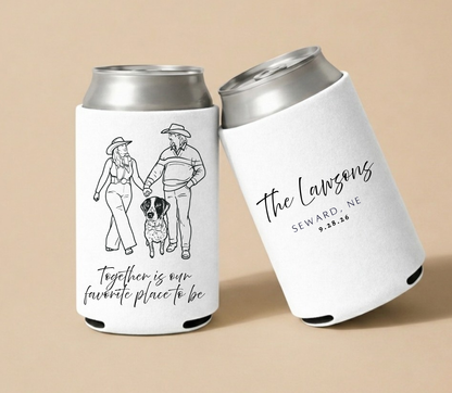 White personalized wedding can coolers featuring a custom line-art illustration of a couple with their dog and personalized family name.