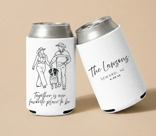 White personalized wedding can coolers featuring a custom line-art illustration of a couple with their dog and personalized family name.