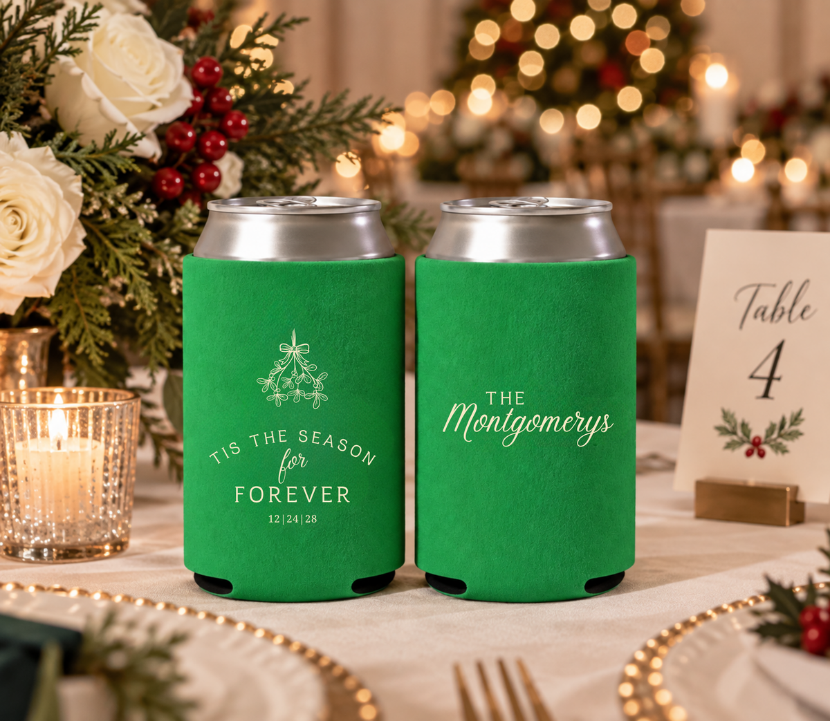 Personalized Christmas wedding can coolers with hanging mistletoe, custom family surname, and wedding date.