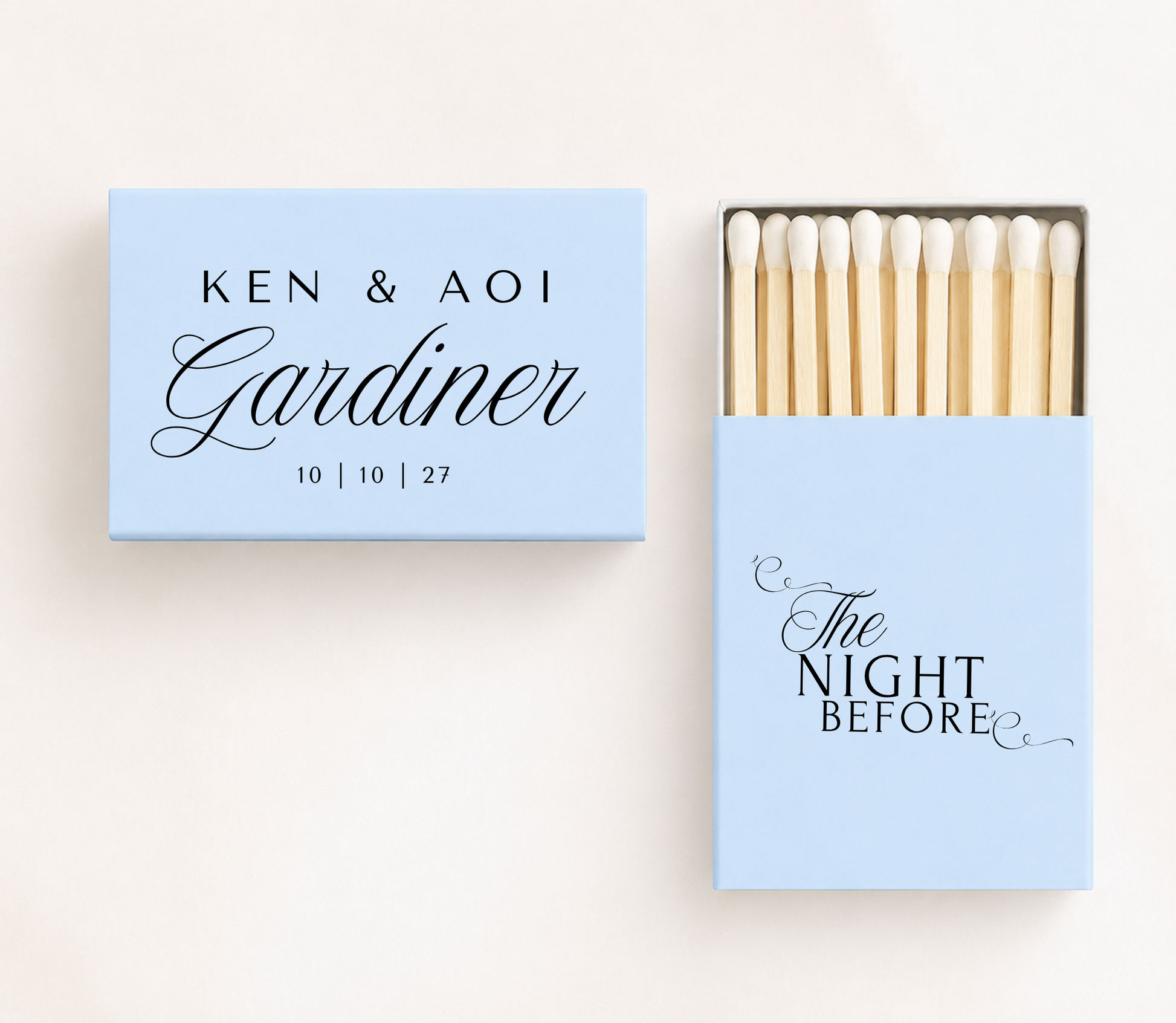 Personalized "The Night Before" wedding matchboxes featuring custom couple names, family name, and wedding date.