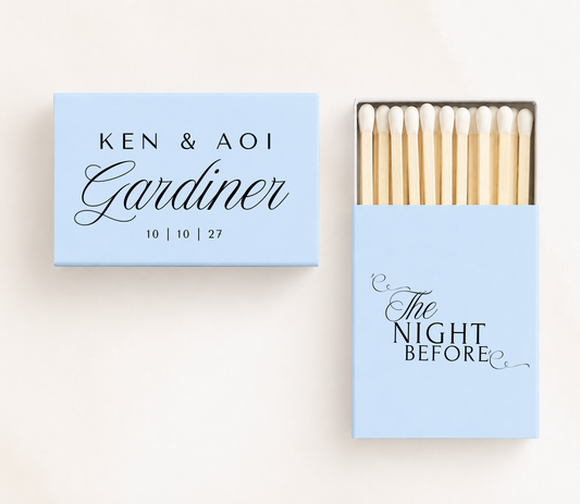 Personalized "The Night Before" wedding matchboxes featuring custom couple names, family name, and wedding date.