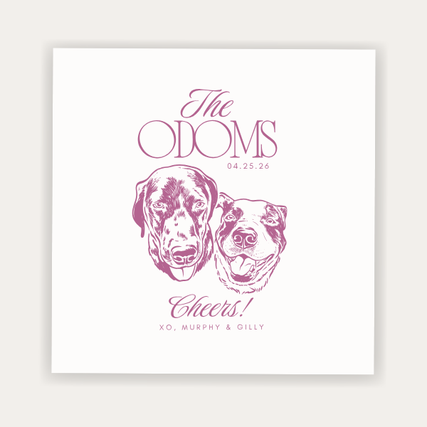 Custom pet portrait wedding napkin featuring two dog illustrations with Cheers wording, pet names, and personalized wedding details