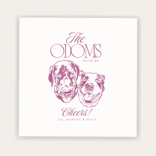 Custom pet portrait wedding napkin featuring two dog illustrations with Cheers wording, pet names, and personalized wedding details
