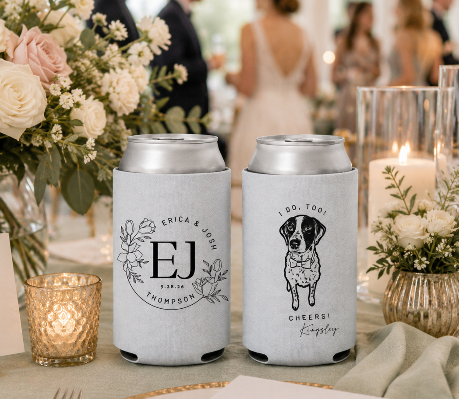 Custom dog portrait wedding can cooler with floral monogram