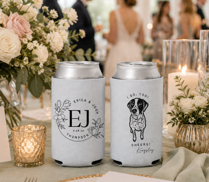 Custom dog portrait wedding can cooler with floral monogram