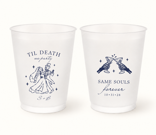 Personalized Til Death We Party Halloween wedding frosted cups featuring a dancing skeleton bride and groom, S and B initials, Same Souls Forever skeleton cocktail toast artwork, and wedding date 10.31.28.