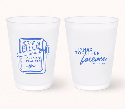 Tinned Together Forever wedding frosted cups
Personalized sardine tin wedding cups
Coastal wedding frosted cups with sardine illustration
Beach wedding drinkware with custom names
Nautical wedding cups with wedding date
Custom seafood themed wedding favor cups