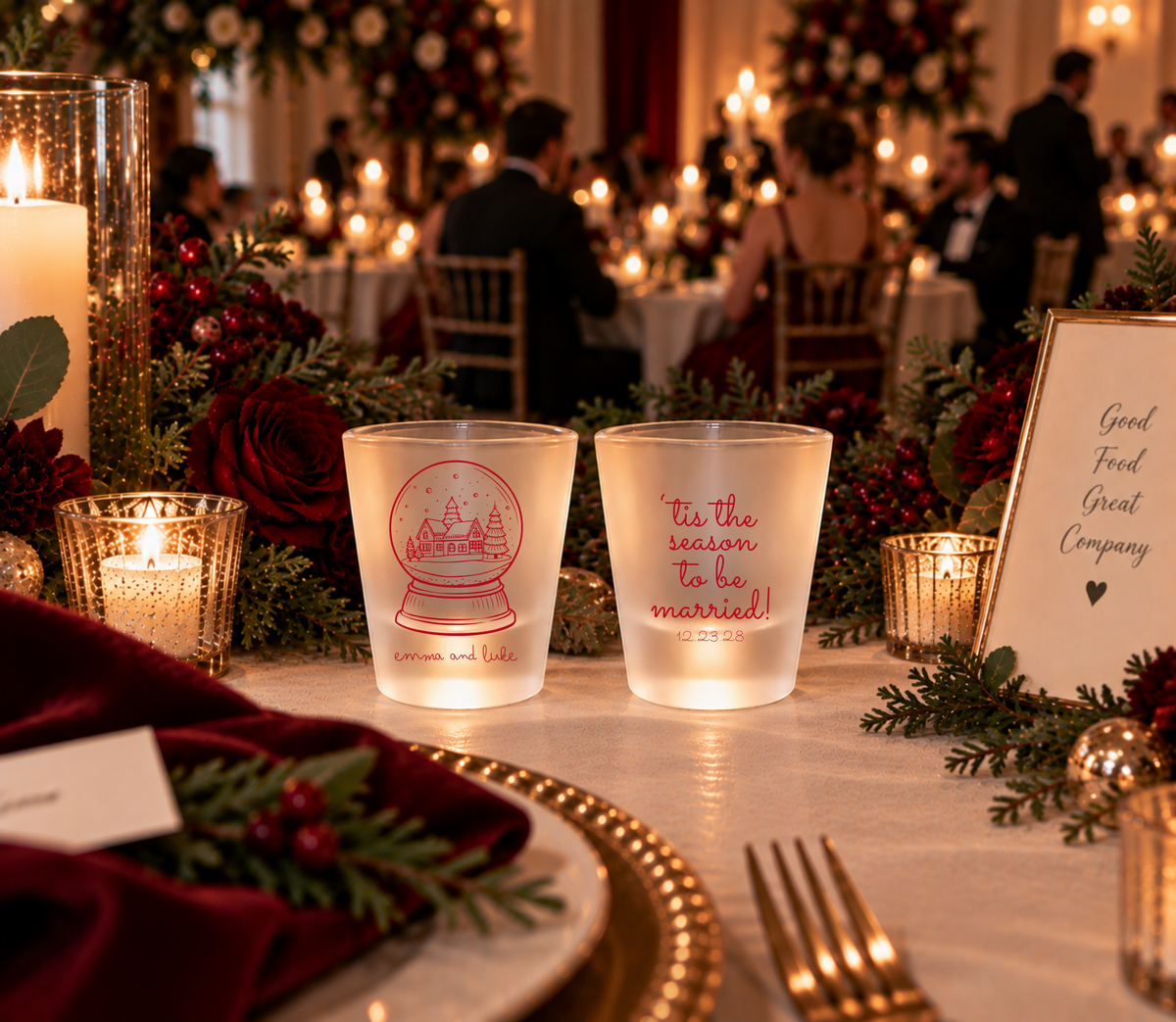 Personalized winter wedding favor shot glasses with Christmas snow globe and cozy village design.