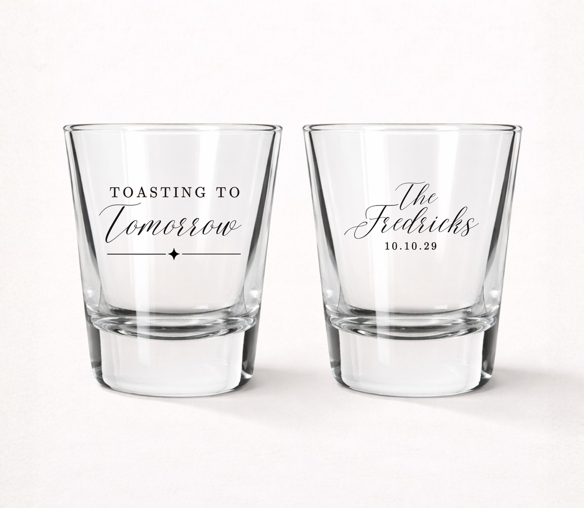 Toasting To Tomorrow personalized shot glasses
Custom wedding shot glasses with family name
Personalized wedding welcome party favors
Rehearsal dinner shot glasses wedding favors
Elegant wedding keepsake shot glasses
Wedding weekend celebration favor glasses