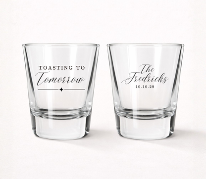 Toasting To Tomorrow personalized shot glasses
Custom wedding shot glasses with family name
Personalized wedding welcome party favors
Rehearsal dinner shot glasses wedding favors
Elegant wedding keepsake shot glasses
Wedding weekend celebration favor glasses