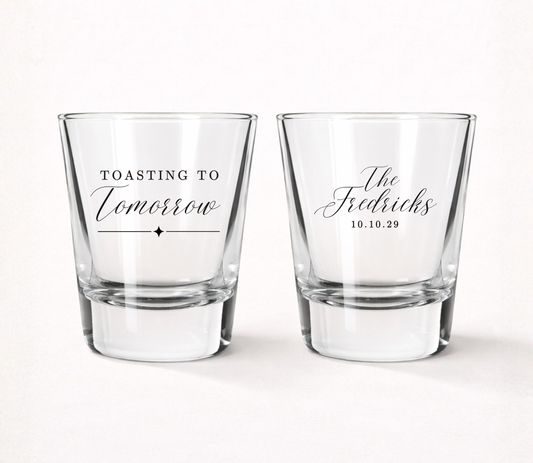 Toasting To Tomorrow personalized shot glasses
Custom wedding shot glasses with family name
Personalized wedding welcome party favors
Rehearsal dinner shot glasses wedding favors
Elegant wedding keepsake shot glasses
Wedding weekend celebration favor glasses