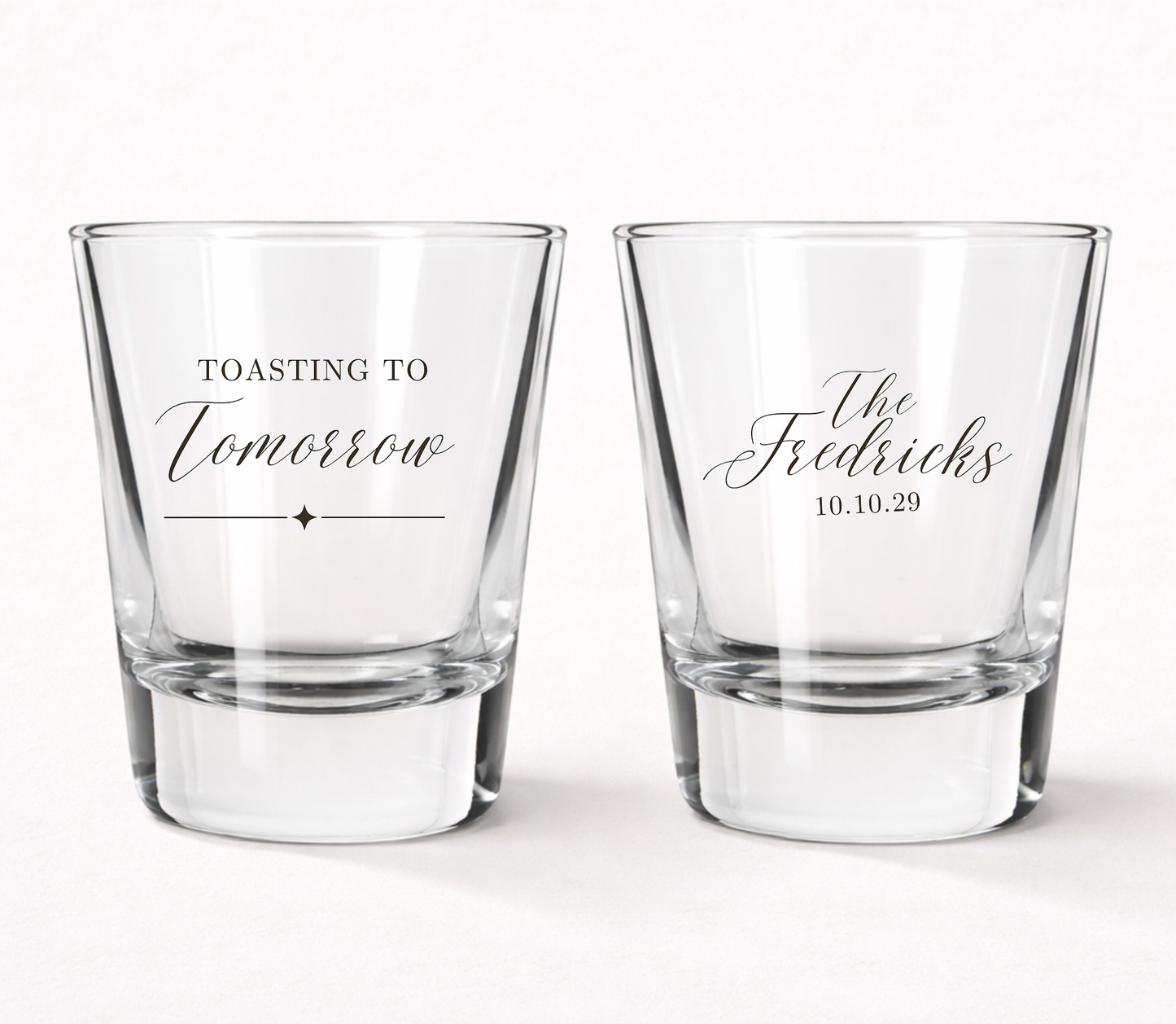 Toasting To Tomorrow personalized shot glasses
Custom wedding shot glasses with family name
Personalized wedding welcome party favors
Rehearsal dinner shot glasses wedding favors
Elegant wedding keepsake shot glasses
Wedding weekend celebration favor glasses