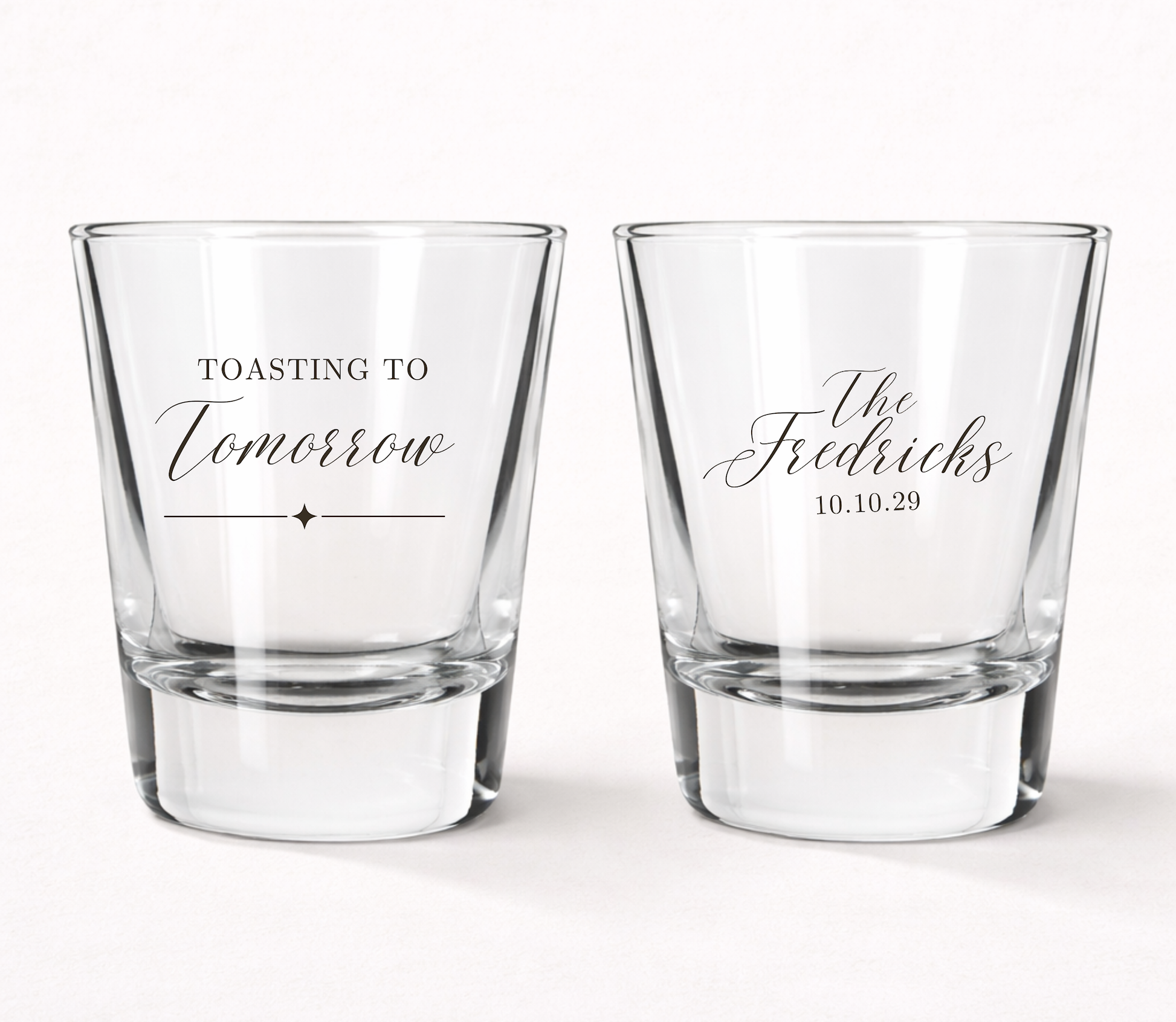 Toasting To Tomorrow personalized shot glasses
Custom wedding shot glasses with family name
Personalized wedding welcome party favors
Rehearsal dinner shot glasses wedding favors
Elegant wedding keepsake shot glasses
Wedding weekend celebration favor glasses