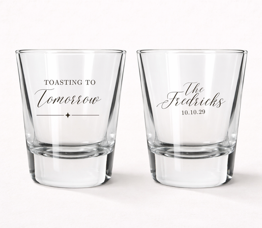 Toasting To Tomorrow personalized shot glasses
Custom wedding shot glasses with family name
Personalized wedding welcome party favors
Rehearsal dinner shot glasses wedding favors
Elegant wedding keepsake shot glasses
Wedding weekend celebration favor glasses