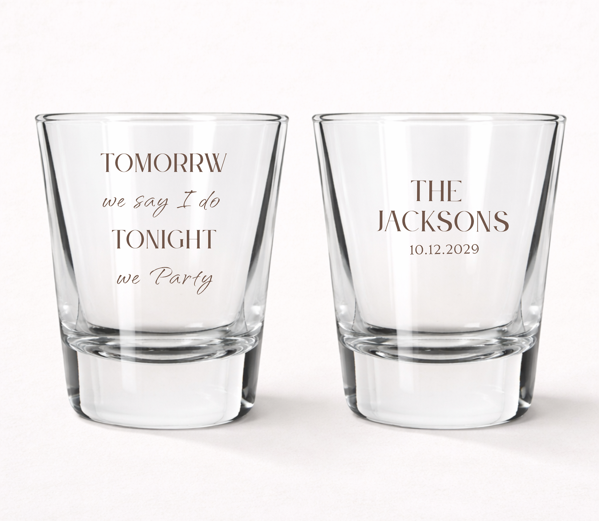 Tomorrow We Say I Do Tonight We Party shot glasses
Personalized wedding shot glasses with family name
Custom wedding welcome party favors
Wedding rehearsal dinner shot glasses
Personalized wedding keepsake shot glasses
Wedding eve celebration favor glasses