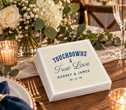 Personalized sports wedding napkins with bold Touchdowns lettering, elegant True Love script, and custom wedding details.