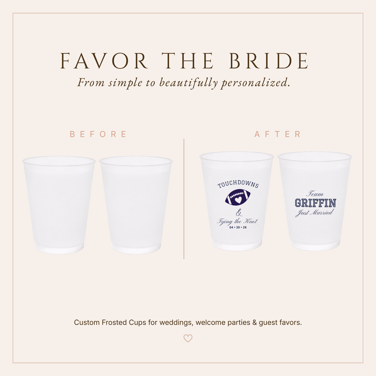 Personalized football wedding drinkware featuring a football heart, custom surname, Just Married wording, and wedding date.