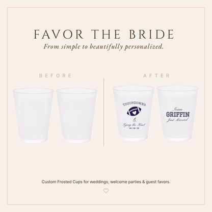 Personalized football wedding drinkware featuring a football heart, custom surname, Just Married wording, and wedding date.