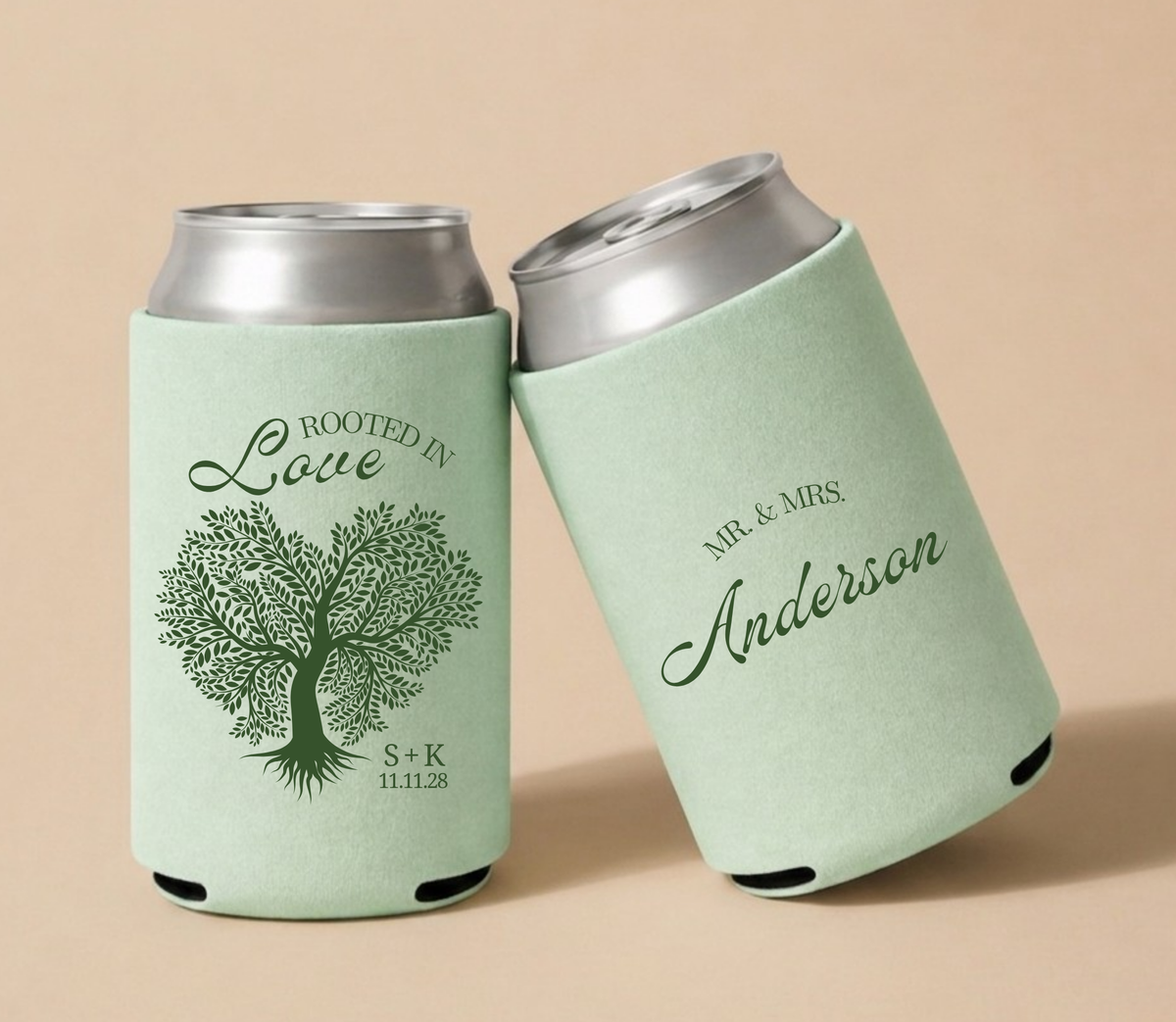 Personalized Tree Heart Wedding Can Coolers