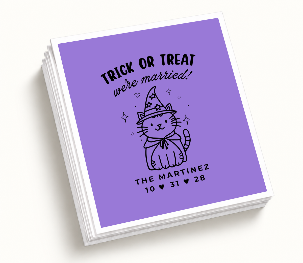 Personalized Trick or Treat We’re Married purple Halloween wedding cocktail napkins featuring a cute witch cat in a star-covered hat, family name, and custom wedding date.