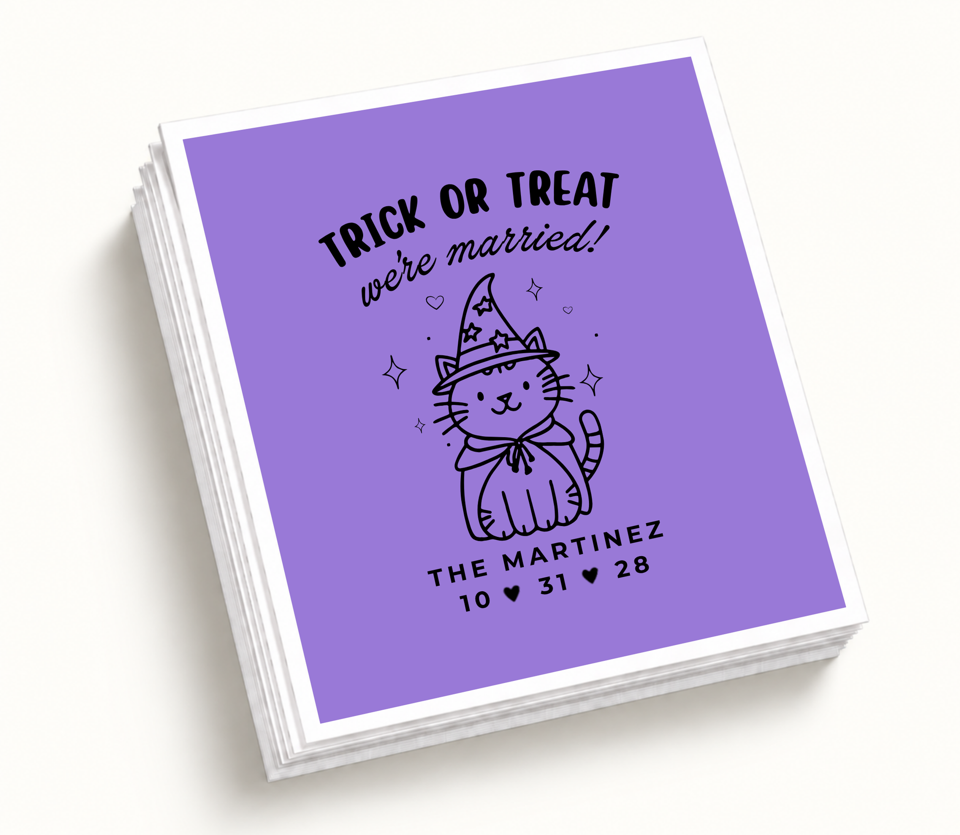 Personalized Trick or Treat We’re Married purple Halloween wedding cocktail napkins featuring a cute witch cat in a star-covered hat, family name, and custom wedding date.