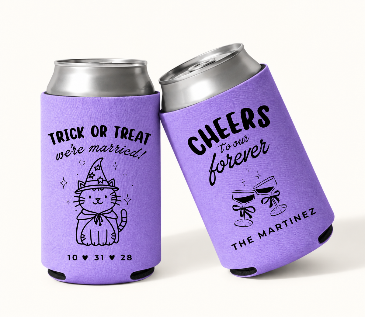 Personalized Trick or Treat We’re Married purple Halloween wedding can coolers featuring cute witch cat artwork, custom wedding date, surname, and Cheers to Our Forever design.