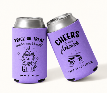 Personalized Trick or Treat We’re Married purple Halloween wedding can coolers featuring cute witch cat artwork, custom wedding date, surname, and Cheers to Our Forever design.