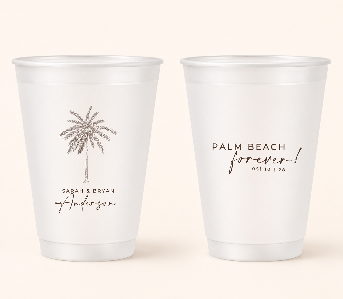 Personalized palm beach frosted wedding cups with brown palm tree artwork, custom names, and wedding date for tropical wedding favors