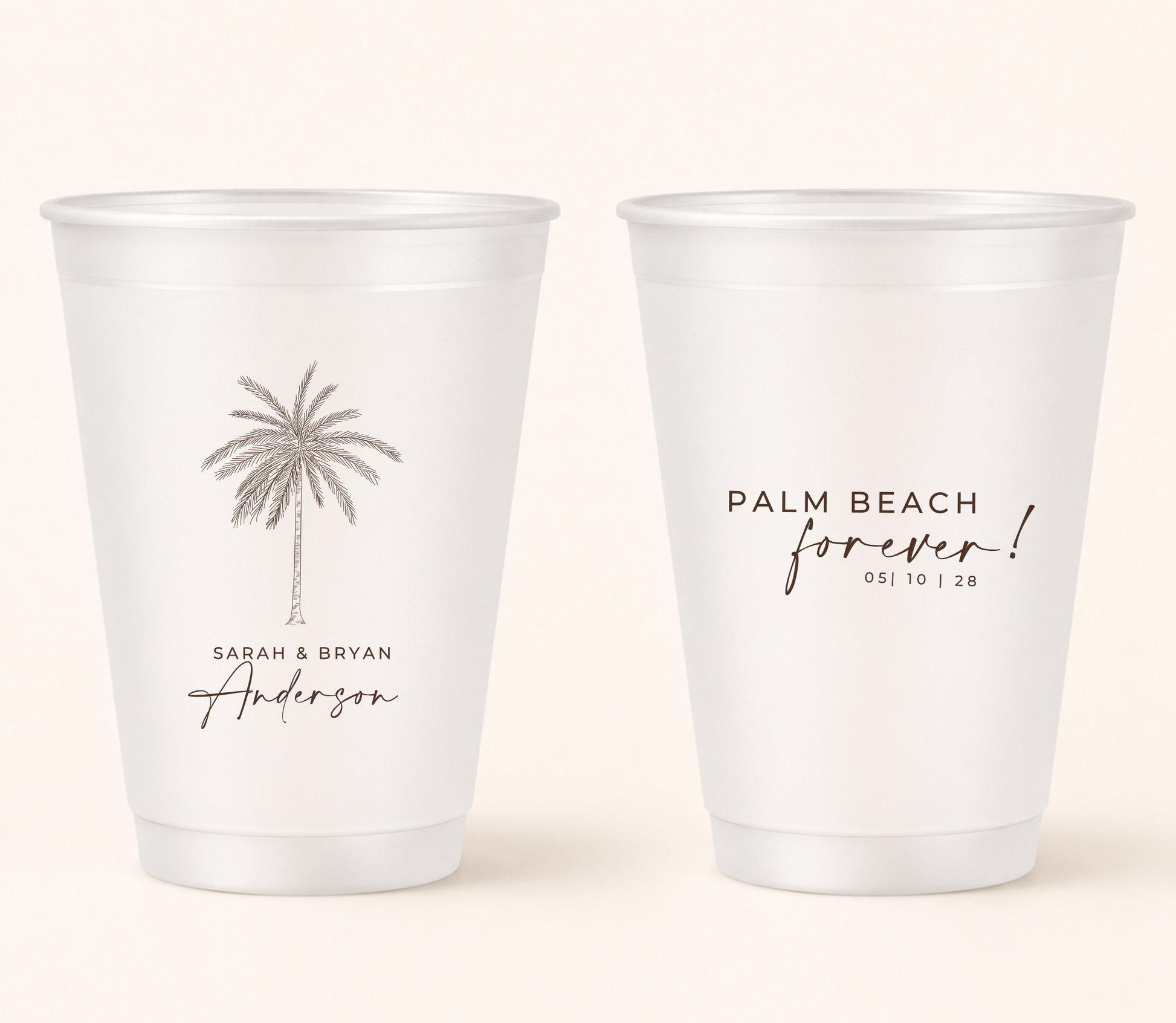 Personalized palm beach frosted wedding cups with brown palm tree artwork, custom names, and wedding date for tropical wedding favors