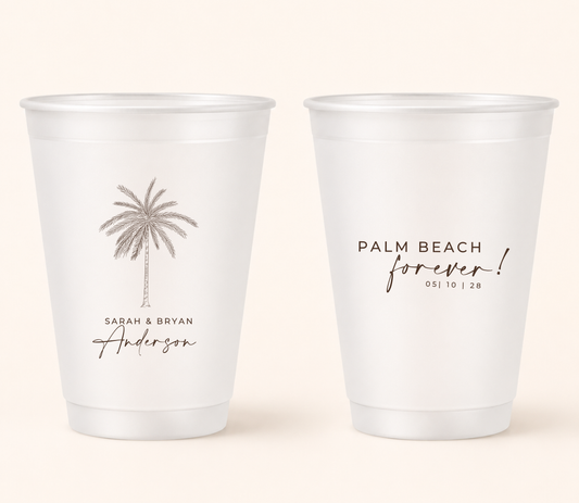 Personalized palm beach frosted wedding cups with brown palm tree artwork, custom names, and wedding date for tropical wedding favors