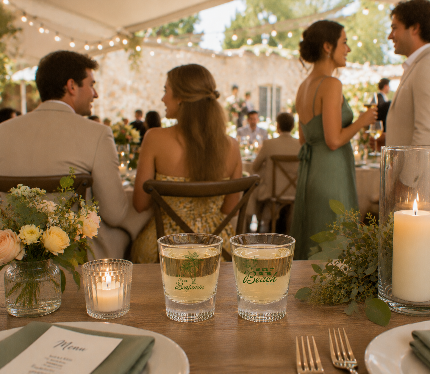 Personalized beach wedding shot glass with tropical palm tree illustration.

Clear wedding shot glass personalized with couple names and wedding date.

Reusable beach wedding shot glass featuring palm trees and personalized details.